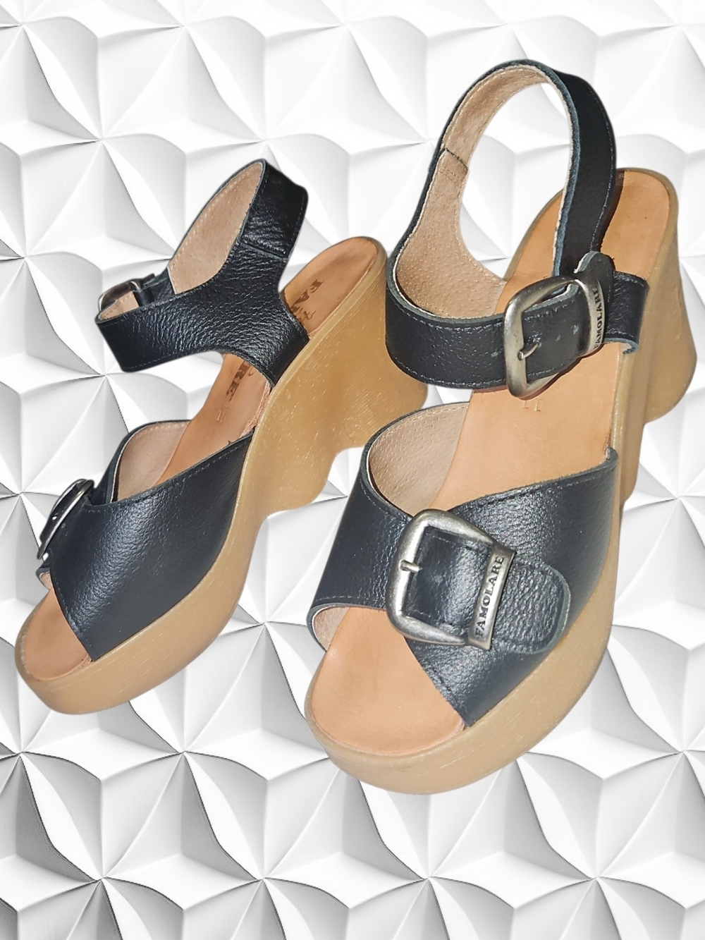 Famolare Black Leather Hi-There Wavy Sole Platform Wedge Sandals Size 11 - Picture 2 of 9